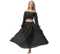 Baisdan Set Costume da Danza del Ventre da Donna Top Corto con Monete con Gonna in Chiffon per Danza del Ventre Abiti da Performance per Carnevale, Nero , Taglia unica