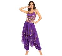 Baisdan Set di 2 pezzi costume per danza del ventre, top corto con paillettes, set di pantaloni harem per Halloween, carnevale, spettacoli di danza indiana araba, Viola, Taglia unica
