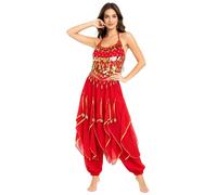 Baisdan Set di 2 pezzi costume per danza del ventre, top corto con paillettes, set di pantaloni harem per Halloween, carnevale, spettacoli di danza indiana araba, Rosso, Taglia unica