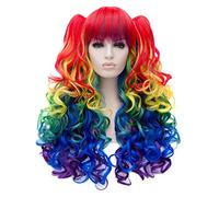 Baisheng arcobaleno Cosplay Parrucca del partito del costume del Anime Parrucca resistente alla coda di cavallo della fibra Parrucca riccia ondulata lunga delle donne di (base wig 70cm+pigtail 70cm-Colore)