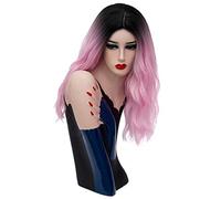 Baisheng delle donne alla moda ricci lunghi Bob parrucca signore fancy dress Cosplay parrucche pop costume (45cm-luce rosa viola)