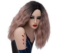 Baisheng donne rosa rossa parrucca costume di Halloween parrucche signora cosplay bella parrucca selvaggia sexy e quotidiana naturale parrucche lunghe rettilineo con frangia parrucca (pasta 42CM-Bean)