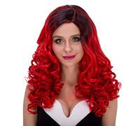 Baisheng Fluffy Curly Side Parting Gradient Colore Long Wave Fancy Party Halloween Cosplay Coser Show Parrucca Data Full Hairs (60CM-Rosso e sfumatura nera)