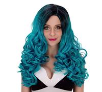 Baisheng Fluffy Curly Side Parting Gradient Colore Long Wave Fancy Party Halloween Cosplay Coser Show Parrucca Data Full Hairs (60CM-Lake Blue Black Gradient)