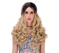 Baisheng Fluffy Curly Side Parting Gradient Colour Long Wave Fancy Party Halloween Cosplay Coser Show Parrucca Data Capelli pieni (25.59 pollici-marrone chiaro dorato)