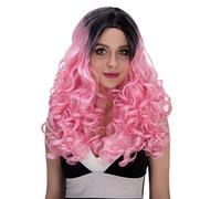 Baisheng Fluffy Curly Side Parting Gradient Colour Long Wave Fancy Party Halloween Cosplay Coser Show Parrucca Data Full Hairs (60CM-Rosa sfumatura nera)