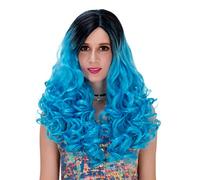 Baisheng Fluffy Curly Side Parting Gradient Colour Long Wave Fancy Party Halloween Cosplay Coser Show Parrucca Data Full Hairs (23.62 pollici-Nero sfumato blu ghiaccio)