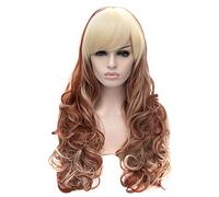 Baisheng Parrucche da coste con frange laterali ricce lunghe ondulate ricce moda marrone dorato delle donne (80cm-Pendenza)