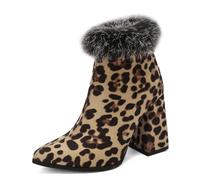 BAISOILIHA Women‘s Moda Comodo Walking Polacchine Pelle di camoscio Zip Chunky Heels Stivali Corti Appuntito Tacco Alto Festa Lavoro Scarpe per donne Le signore Ragazze Leopard Numero 47