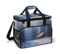 Baita di tronchi in una foresta innevata da campeggio, borsa termica da spiaggia, portatile, a prova di perdite, con tracolla