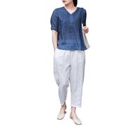 BAIXISUDI Camicetta da donna con ricamo floreale, scollo a V, maniche corte, ampia, stile orientale zen, tunica top per tè e meditazione, Blu, M