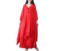 BAIXISUDI Cinese Zen Due Pezzi Largo Vestibilità Manica Lunga Tea Cerimonia Vestito Scollo A V Abbigliamento Donna, Rosso, L