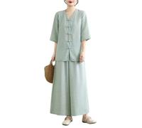 BAIXISUDI Cinese Zen Set Due Pezzi Sciolto Maniche 3/4 Tea Outfit Set Collo Scollo A V per Le Donne, Verde, XX-Large (xx_l)