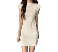 Baiyanor Abito estivo da donna, senza maniche, casual, altamente elastico e flessibile, per il tempo libero, con scollo a U, beige., M-L Kurz