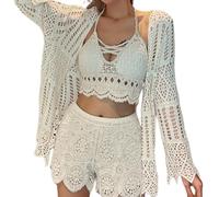 Baiyanor Costume da bagno da donna boho scavato a maniche lunghe bikini copertura up abiti da spiaggia corti, beige., M corto