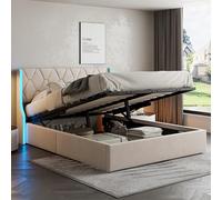 BAJKNIU Letto imbottito 140x190 cm con luci a LED e USB, letto matrimoniale con contenitore idraulico, Funzionale con testiera, Struttura letto con rete a doghe, pu, nero