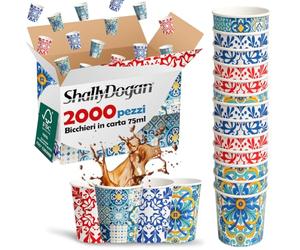 BAKAJI 2000 Bicchierini da Caffè Monouso Capacità 75 ml, Tazzina in Carta Usa e Getta Riciclabili per Hotel, B&B, Casa, Feste ed Eventi, Tazze Resistenti Biodegradabili e Ecosostenibili (Maiolica)