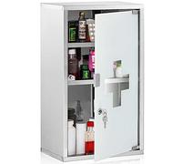 BAKAJI Armadio Armadietto Porta Medicinali Mobiletto a Parete Primo Soccorso in Acciaio Inox e Vetro Satinato Colore Silver Con Doppia Chiave di Sicurezza a Chiusura Magnetica (48.5x25x12 cm)