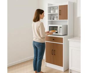 BAKAJI Armadio da Cucina Alto Multiuso, Credenza Mobile da Soggiorno, Sala da Pranzo, Salvaspazio, Sistema di Sicurezza, Mobiletto Dispensa con 2 Ante e 1 Cassetto, 55 x 40 x 180 cm (Bianco e Quercia)