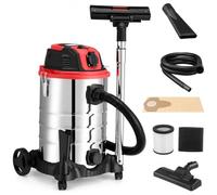 BAKAJI Aspirapolvere Professionale per Liquidi e Solidi Potenza 1200 W, Aspiratutto Aspiraliquidi con Filtro Interno, Filtro HEPA, Tubo Aspirante Flessibile e Bidone in Acciaio Inox da 30 Litri