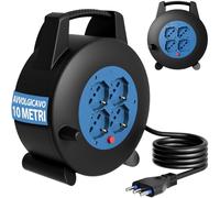 BAKAJI Avvolgicavo con 4 Prese Universali Shuko Polivalenti con Interruttore di Protezione al Surriscaldamento, Multipresa Multiuso con Cavo Resistente, Prolunga Elettrica Compatta (10 Metri)