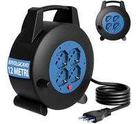 BAKAJI Avvolgicavo con 4 Prese Universali Shuko Polivalenti con Interruttore di Protezione al Surriscaldamento, Multipresa Multiuso con Cavo Resistente, Prolunga Elettrica Compatta (12 Metri)