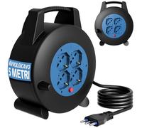 BAKAJI Avvolgicavo con 4 Prese Universali Shuko Polivalenti con Interruttore di Protezione al Surriscaldamento, Multipresa Multiuso con Cavo Resistente, Prolunga Elettrica Compatta (5 Metri)