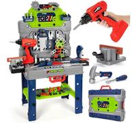 BAKAJI Banco da Lavoro Officina per Bambini Trasformabile in Valigetta con Accessori Realistici, Banchetto con Trapano Elettrico, Martello, Morsetto e Sega Circolare, Idea Regalo (132 Pezzi)