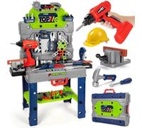 BAKAJI Banco da Lavoro Officina per Bambini Trasformabile in Valigetta con Accessori Realistici, Banchetto con Trapano Elettrico, Martello, Morsetto e Sega Circolare, Idea Regalo (133 Pezzi)