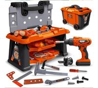 BAKAJI Banco Portautensili 2 in 1 per Bambini 65 Pezzi, Stand per Utensili Trasformabile in Valigetta con Ruote e Trapano Elettrico Giocattolo, Cacciavite e Accessori, Giocattoli Idea Regalo