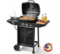 Bakaji Barbecue a Gas 2 Fuochi Bruciatori Griglia BBQ 5Kw con Piano e Fornello laterali e Ruote Grill per Esterno Giardino Terrazzo Dimensioni: 98 x 44 x 110 cm