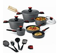 BAKAJI Batteria di Pentole 24 Pezzi Modello Rubino con Manici Removibili in Alluminio Pressofuso Antiaderente, Casseruola e Padella con Manico Amovibile, Coperchi e Mestoli Accessori (Grigio)