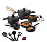 BAKAJI Batteria di Pentole 24 Pezzi Modello Rubino con Manici Removibili in Alluminio Pressofuso Antiaderente, Casseruola e Padella con Manico Amovibile, Coperchi e Mestoli Accessori (Nero)