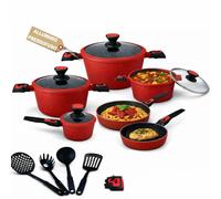 BAKAJI Batteria di Pentole 24 Pezzi Modello Rubino con Manici Removibili in Alluminio Pressofuso Antiaderente, Casseruola e Padella con Manico Amovibile, Coperchi e Mestoli Accessori (Rosso)