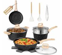 BAKAJI Batteria di Pentole e Padelle 15 Pezzi a Induzione e Gas, Set Adatto a Tutti i Piani Cottura, Antiaderente in Alluminio Pressofuso ed Effetto in Granito con Coperchio e Accessori (Nero)