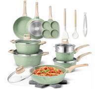 BAKAJI Batteria di Pentole e Padelle 21 Pezzi a Induzione e Gas, Set Adatto a Tutti i Piani Cottura, Antiaderente in Alluminio Pressofuso ed Effetto in Granito con Coperchio e Accessori (Verde)