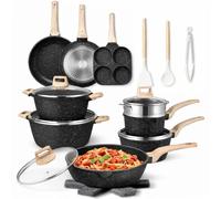 BAKAJI Batteria di Pentole e Padelle 21 Pezzi a Induzione e Gas, Set Adatto a Tutti i Piani Cottura, Antiaderente in Alluminio Pressofuso ed Effetto in Granito con Coperchio e Accessori (Nero)