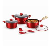 BAKAJI Batteria di Pentole Modello Milena in Alluminio Pressofuso con Accessori Mestoli e Coperchi, Pentola Antigraffio, Casseruole e Padelle Manico Ergonomico Adatto a Tutti i Piani Cottura (Rosso)