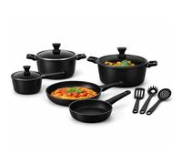 BAKAJI Batteria di Pentole Modello Serena in Alluminio Pressofuso con Accessori Mestoli e Coperchi, Pentola Antigraffio, Casseruole e Padelle Manico Ergonomico Adatto a Tutti i Piani Cottura (Nero)