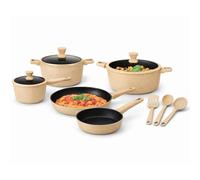 BAKAJI Batteria di Pentole Modello Serena in Alluminio Pressofuso con Accessori Mestoli e Coperchi, Pentola Antigraffio, Casseruole e Padelle Manico Ergonomico Adatto a Tutti i Piani Cottura (Tortora)