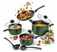 BAKAJI Batteria di Pentole Natura Più Colore Verde con Fondo Antiaderente e Manico Cool Touch, Accessori Mestoli, Impugnatura Ergonomica, Coperchi in Vetro, Casseruola e Padella con Cottura Omogenea