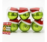 BAKAJI Box Palline di Natale in Plastica Dura Design Pupazzo Verde con Cappellino Rosso Natalizio e Faccine Espressioni Assortite, Decorazioni Albero Natalizie Addobbo (6 Pezzi - Diametro 8 cm)