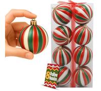 BAKAJI Box Palline di Natale per Albero, Sfere Natalizie Addobbo Rosso, Bianco, e Verde Doppio Colore, Decorazione Natalizia Multicolore in Plastica Dura, Palla Ornamento (8 Pezzi - Diametro 10 cm)