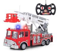 BAKAJI Camion dei Pompieri Radiocomandato Giocattolo Telecomandato per Bambini con Radiocomando Multidirezionale Sirena Luci Suoni e Scala Vigili del Fuoco Girevole ed Estensibile