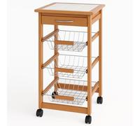 BAKAJI Carrello Cucina in Legno con 3 Cestelli Acciaio e Ripiano Top in Ceramica Bianca 9 Mattonelle, Tavolino da Portata Servizio Multiuso con 4 Ruote girevoli