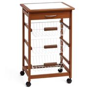 BAKAJI Carrello Cucina in legno con 3 Cestelli Acciaio e Ripiano Top in Ceramica Bianca Tavolino da Portata Servizio Multiuso con 4 ruote girevoli