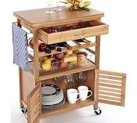 BAKAJI Carrello Cucina in Legno di bambù con Portabottiglie, Cassetto Portaposate Cestello Acciaio e 2 Ante Armadietto per Organizzazione e Sistemazione Ripiano Top in Legno Bamboo Duro e Resistente
