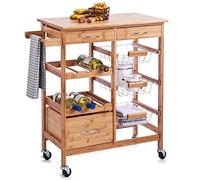 BAKAJI Carrello da Cucina in Legno di Bambù con Ripiano Tagliere 2 Cassetti Portaposate Portastrofinacci Portabottiglie 3 Ceste Portafrutta Metallo e 4 Ruote Girevoli Carrello da Portata Portavivande