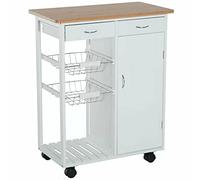 BAKAJI Carrello da Cucina Salvaspazio in Legno Bianco con 2 Cestelli Portafrutta in Acciaio Cassetti Portaposate Piano d'Appoggio con 1 Anta e 4 Ruote Girevoli a 360 Gradi