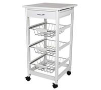 BAKAJI Carrello da Cucina Salvaspazio in Legno MDF Bianco con 3 Cestelli Portafrutta in Acciaio Cassetto Portaposate Piano d'Appoggio Piastrellato e 4 Ruote Girevoli 360 Gradi 37 x 82 cm
